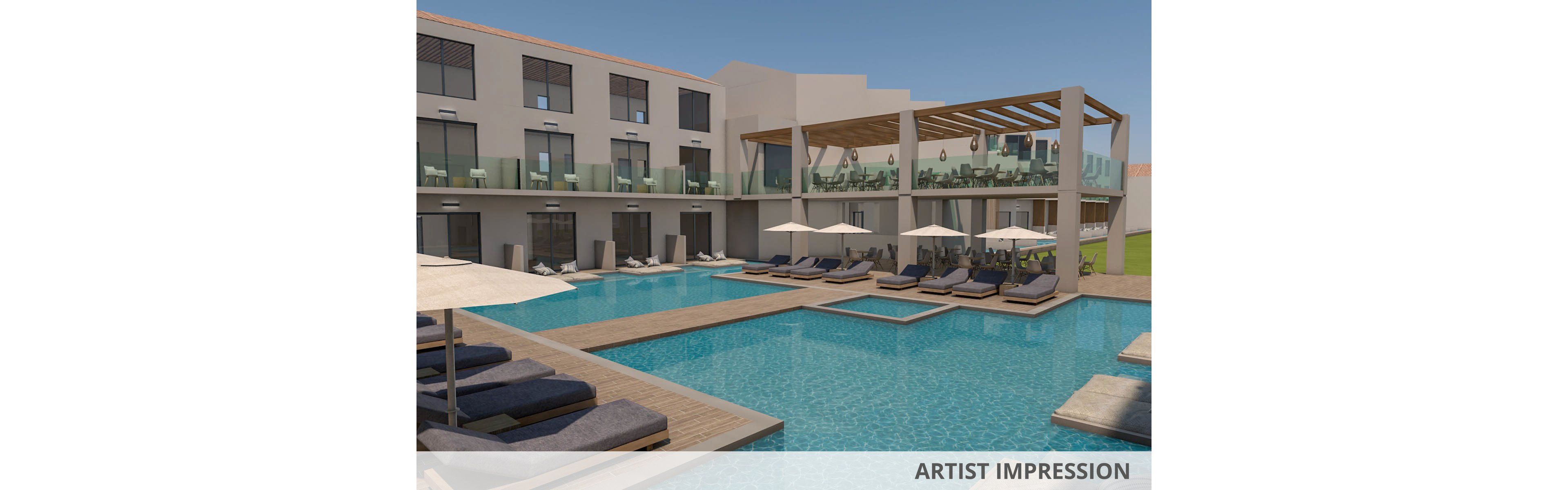 A contemporary hotel building features a large outdoor swimming pool surrounded by wooden decking and cushioned sun loungers. The setting includes shaded seating areas with umbrellas and a spacious upper terrace with glass railings. The architecture is minimalist, with clean lines and neutral tones, creating a relaxing and inviting atmosphere. No visible text or numbers are present in the image.
